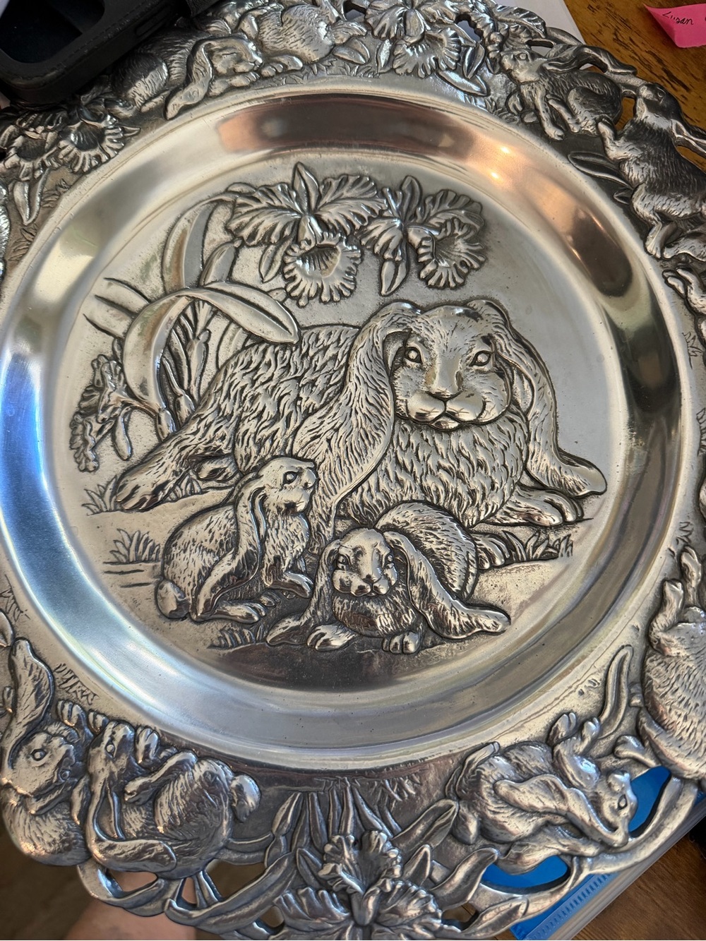 Vintage 1993 Arthur Court Bunnies 14” Pierced Round Serving Tray Rabbit Family